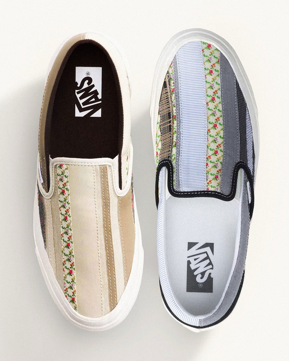 Vans Slip-On Sunday Best pack in cream and white colorway featuring asymmetrical patchwork fabric construction inspired by Junya Watanabe and Caribbean formal wear - detail view 1