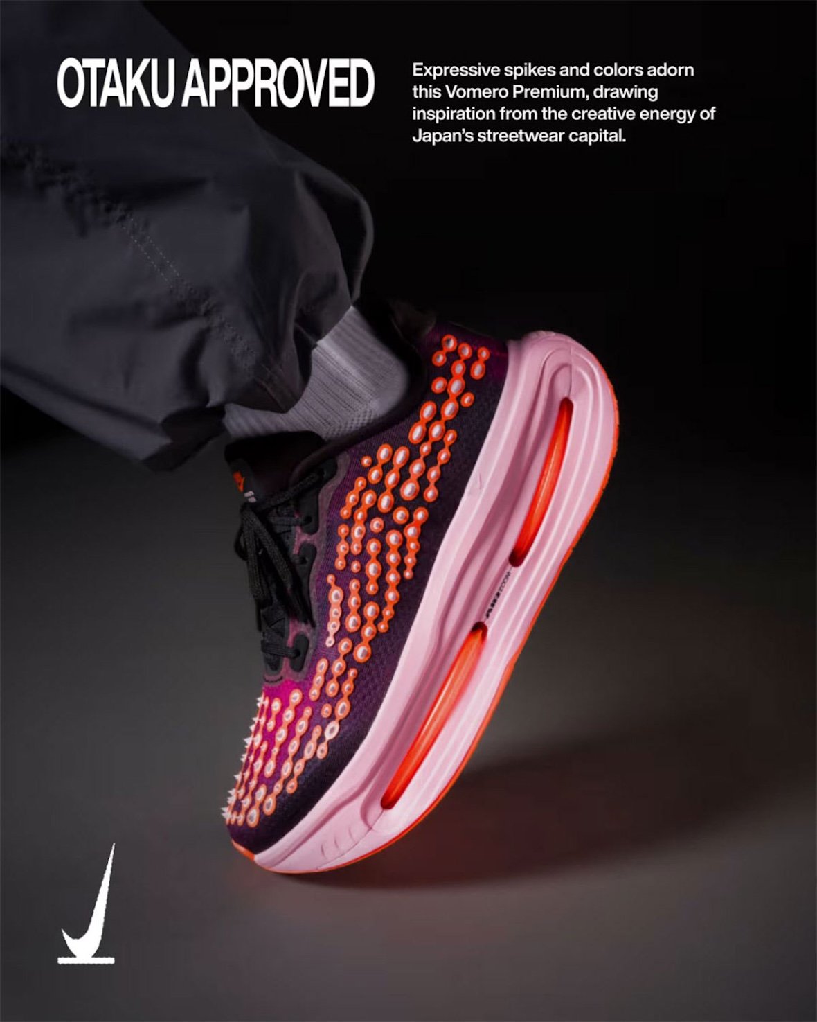 Nike Vomero Premium 'Otaku Approved' in Black, Arctic Pink, and Total Orange with textured mesh upper and oversized midsole - detail view 2
