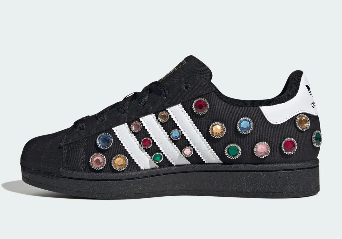 adidas Superstar "Jewel" with multicolored gemstone inlays and silver metallic trim on black canvas upper - detail view 3
