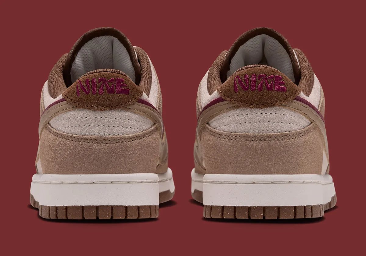 Nike Dunk Low Double Swoosh with dual Swoosh branding in brown and burgundy leather, Fall/Winter 2026 - detail view 4