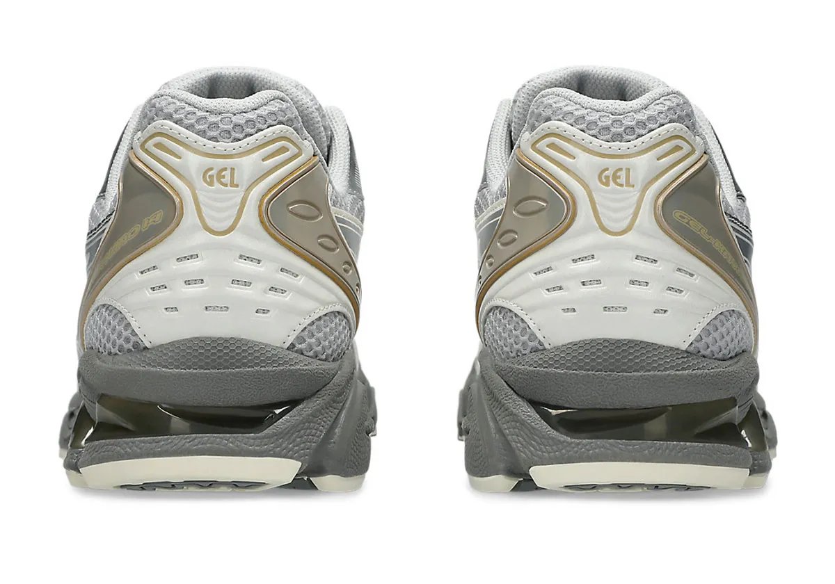 ASICS GEL-Kayano 14 in Concrete colorway, showing neutral tonal upper with reinforced medial support structure - detail view 4