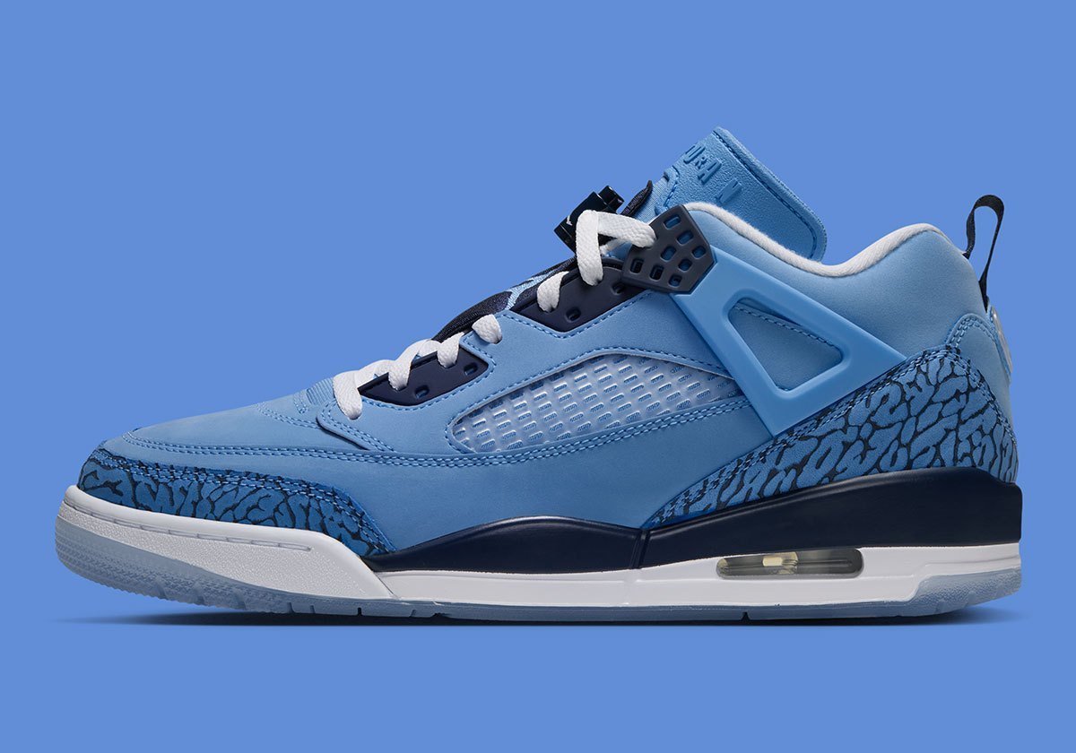 Jordan Spiz'ike Low in University Blue nubuck with Midnight Navy accents and translucent gum rubber outsole - detail view 1