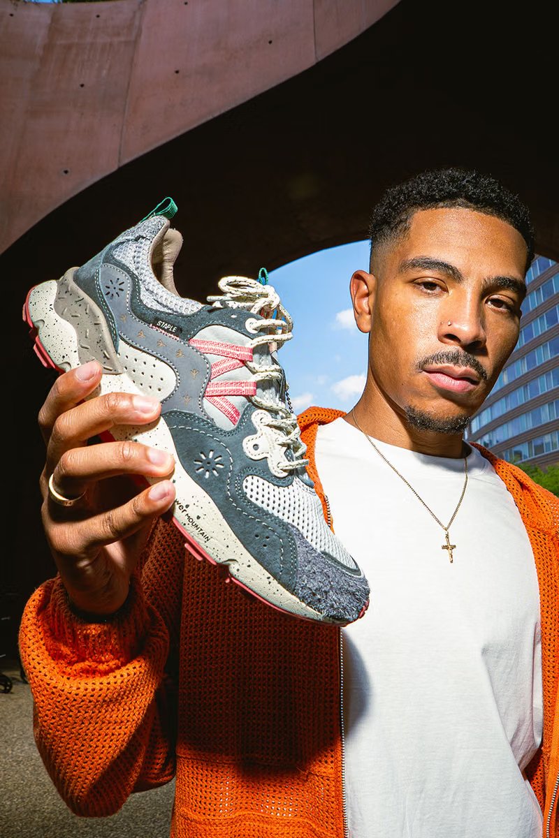Flower Mountain x Staple Yamano 3 sneaker featuring floral and pigeon embroidery in charcoal grey, dusty coral, and orange - detail view 4