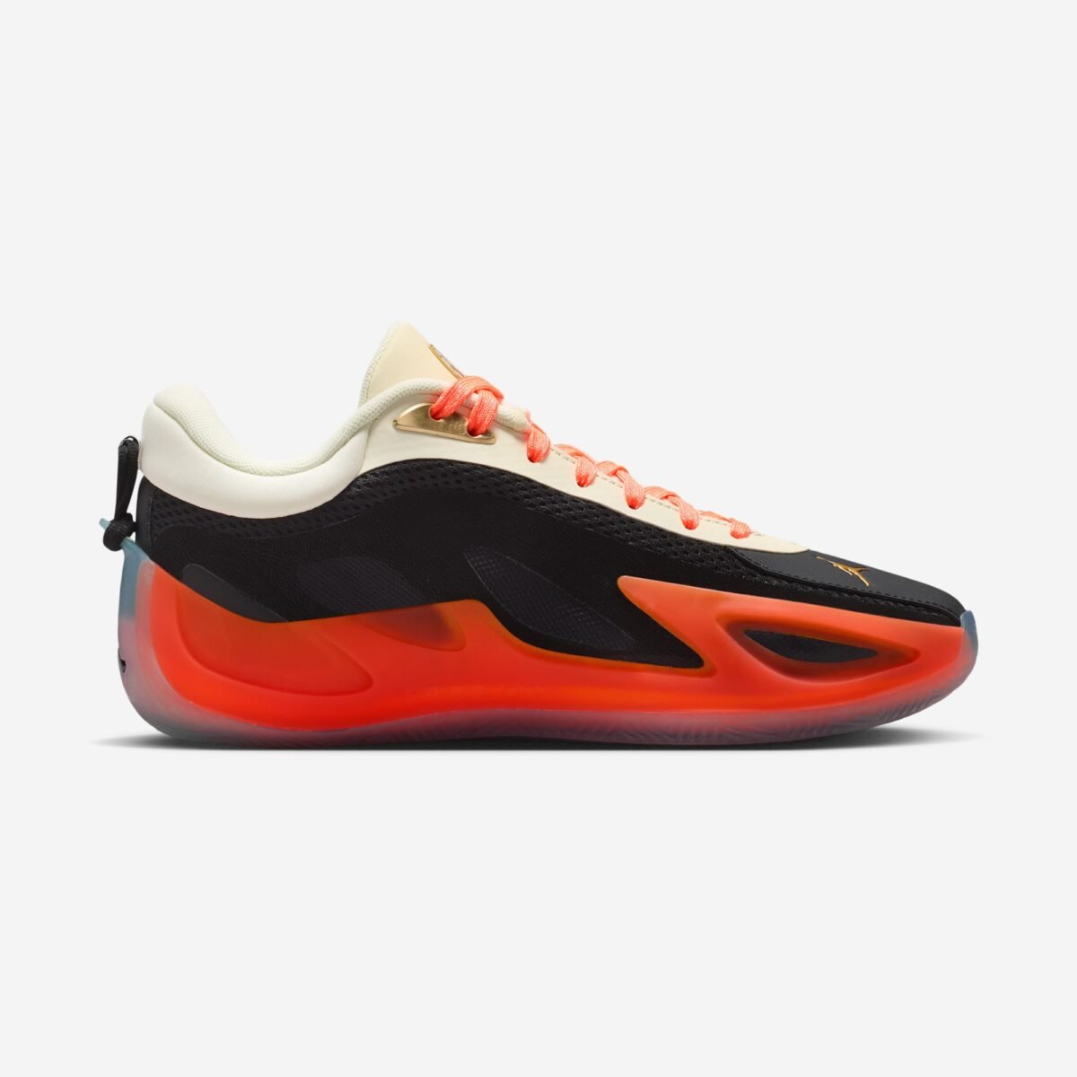 Jordan Heir 2.0 in Birds of Paradise colorway featuring black, metallic gold, total orange, and coconut milk. - detail view 3