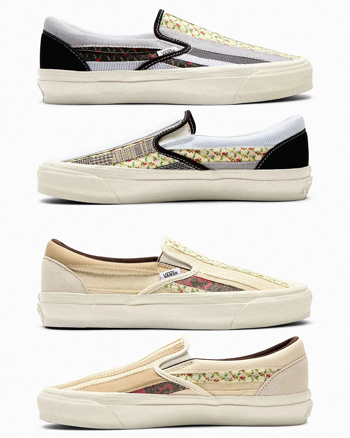 Vans Slip-On Sunday Best pack in cream and white colorway featuring asymmetrical patchwork fabric construction inspired by Junya Watanabe and Caribbean formal wear