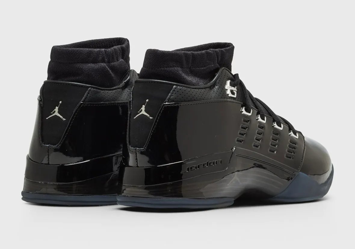 Air Jordan 17 Low Black Patent with glossy patent leather upper and metallic silver eyestays - detail view 5