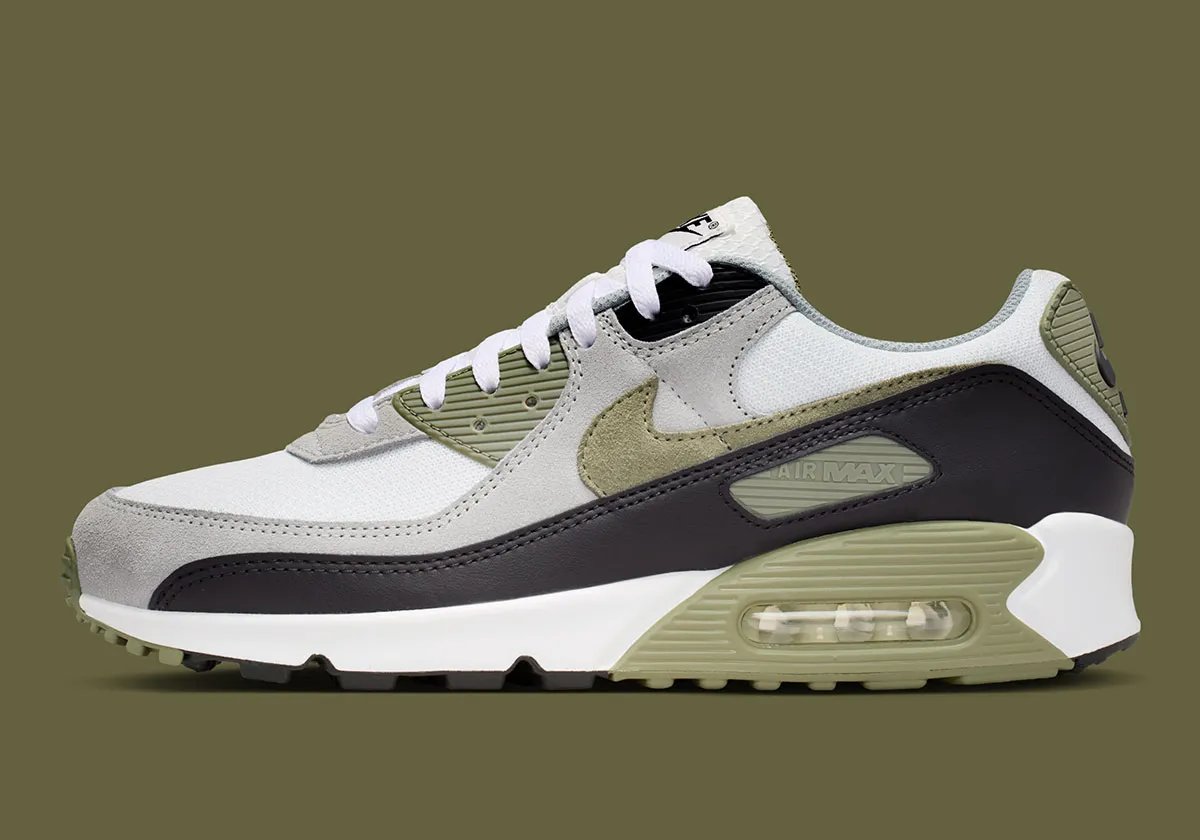 Nike Air Max 90 in Silver Sage colorway, showing OG color blocking on mesh and synthetic upper - detail view 1