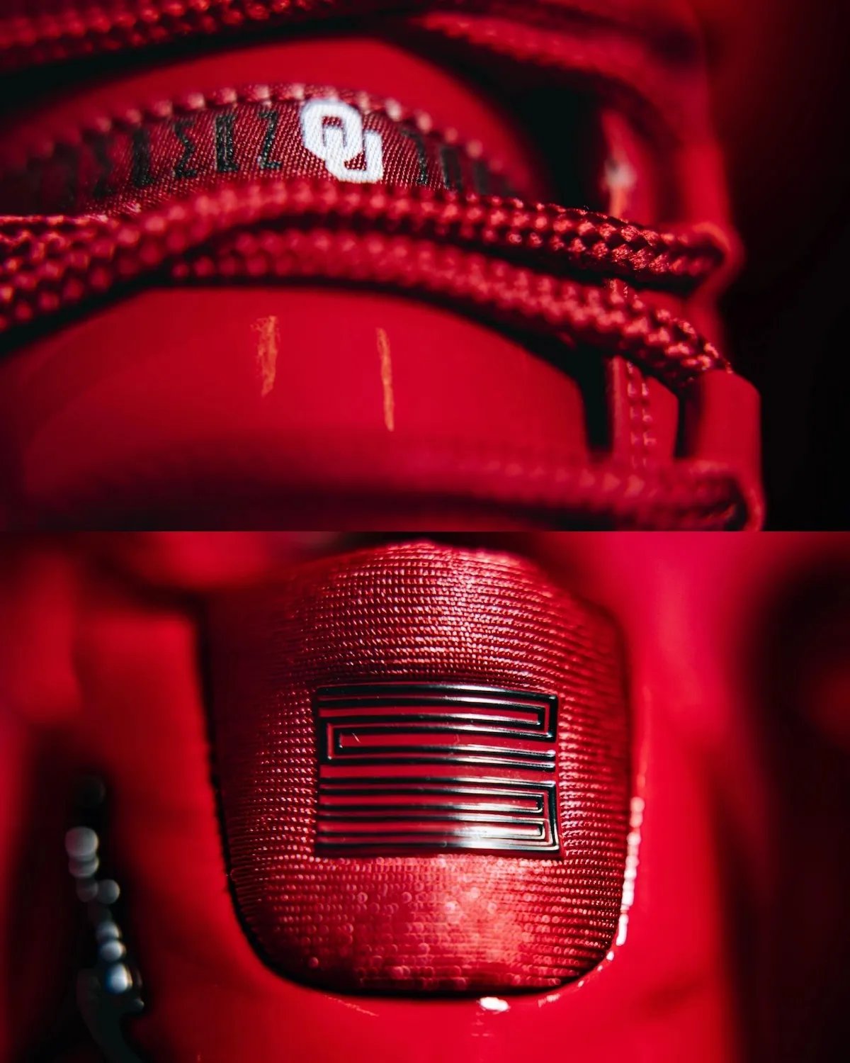Oklahoma Sooners Air Jordan 11 football cleat in all-crimson colorway with black Jumpman logos - detail view 3