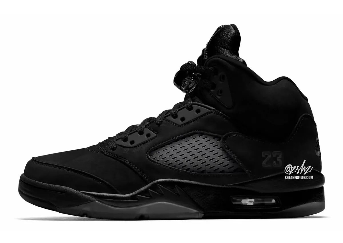 Air Jordan 5 Black Cat in black nubuck with Nike Air heel branding and original-style 23 detailing, scheduled for Fall 2027 - detail view 3