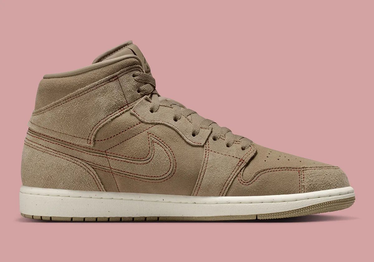 Air Jordan 1 Mid in Pecan colorway, showcasing premium leather construction and warm neutral tone from the Jordan Brand Craft collection - detail view 2