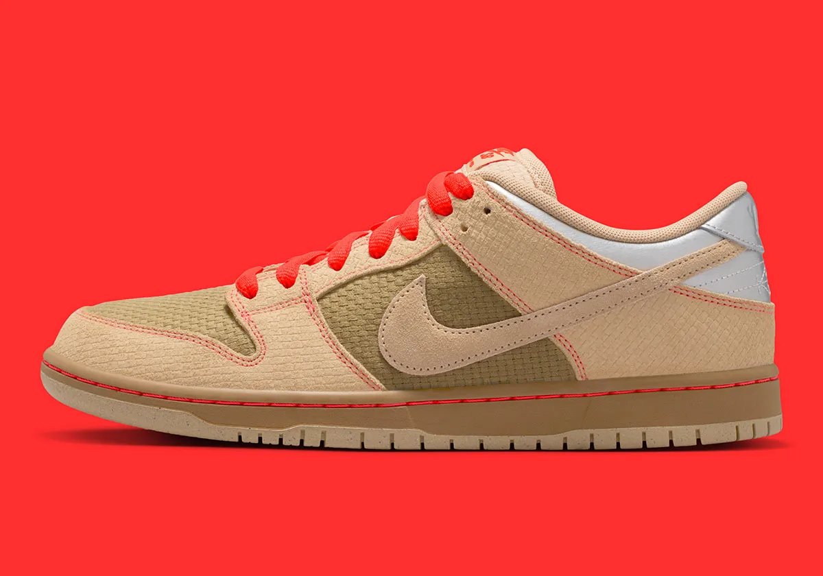 Nike SB Dunk Low "Som Tum" in white, red, and tan colorway with textured overlays inspired by traditional Thai bamboo baskets - detail view 1