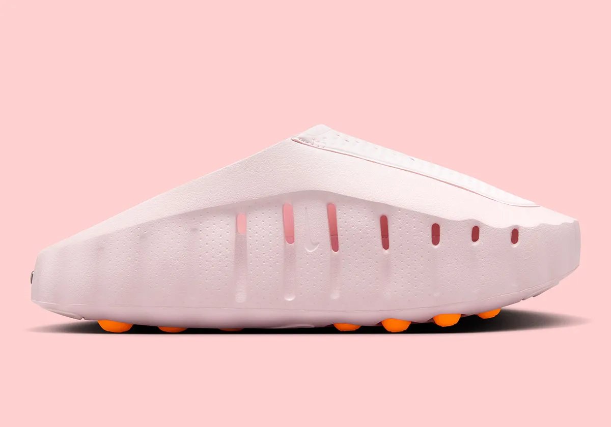 Nike Mind 001 in Pearl Pink, a soft iridescent slide with molded footbed and refined strap design - detail view 2