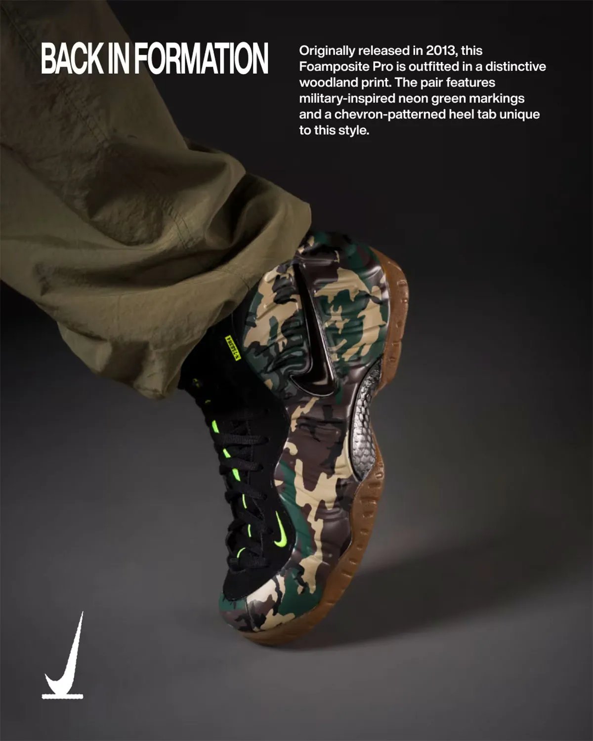 Nike Air Foamposite Pro Green Camo in forest green, beige, brown and black camouflage with black nubuck overlays and volt swoosh accents - detail view 2