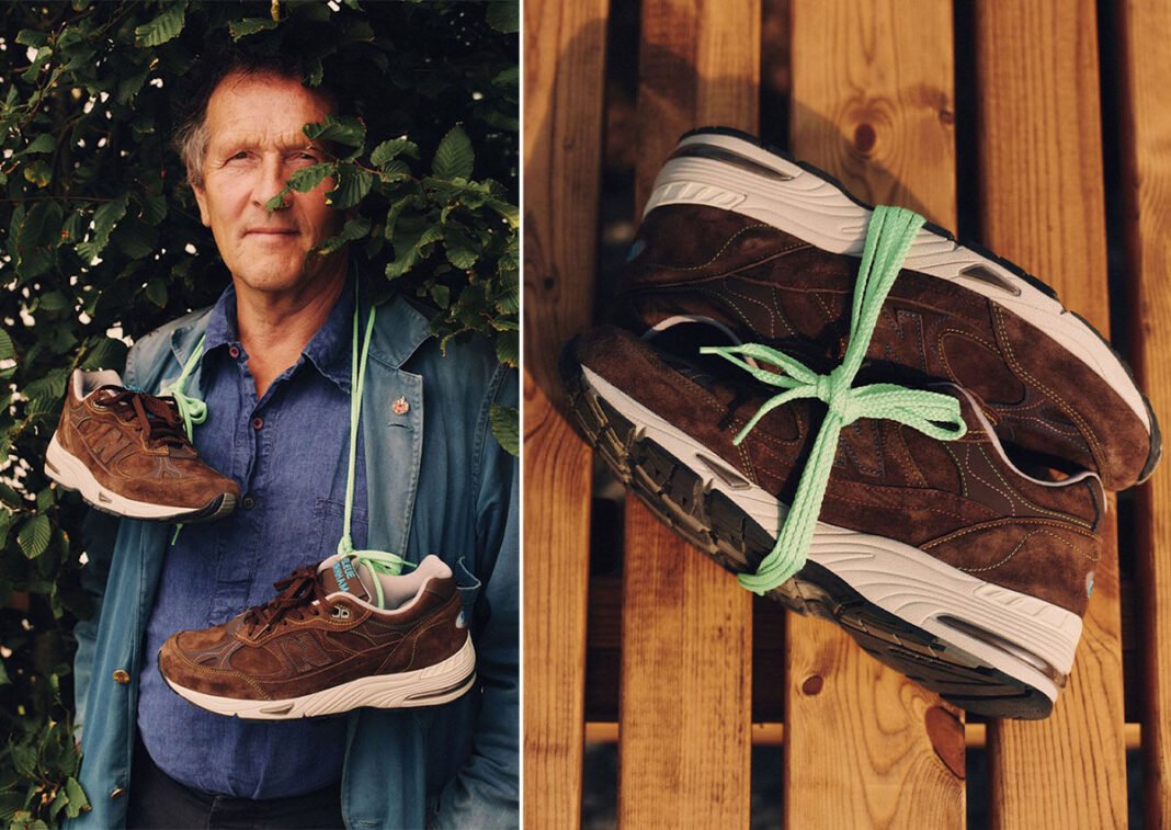Bleue Burnham x New Balance 991v1 in brown suede with colorful stitching details, inspired by Flimby factory garden