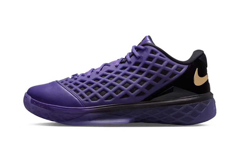 FC Barcelona x Nike Kobe 3 Low Protro in Electro Purple and Black with metallic gold accents, showing custom club crest branding and dual-tongue design