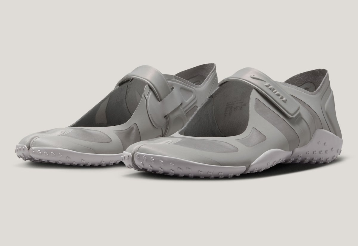 Nike SKIMS Rift Satin in Night Silver with tonal grey colorway, showing split-toe design and stretch textile upper with molded support panels - detail view 2