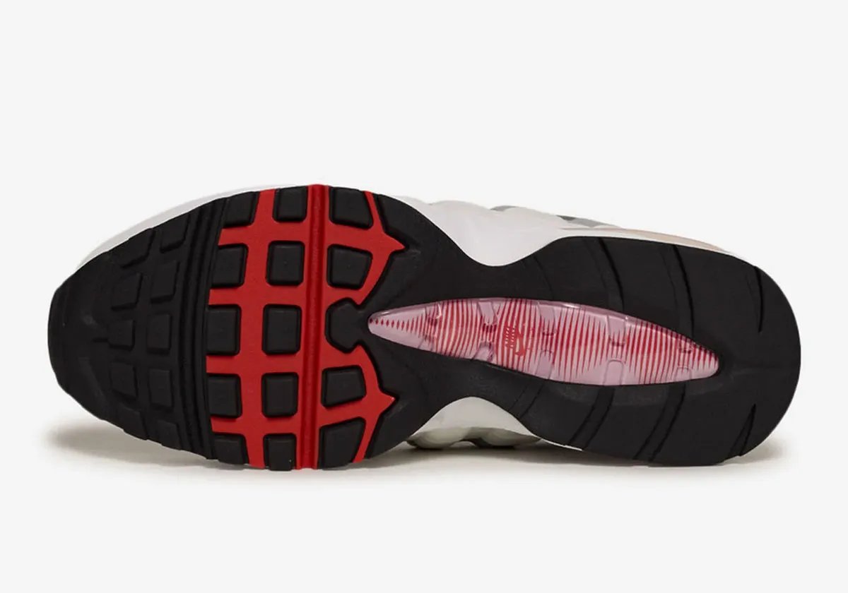 Nike Air Max 95 "Pink Rise" women's sneaker with white midsole, Wolf Grey overlay, and pink Air bubbles - detail view 2