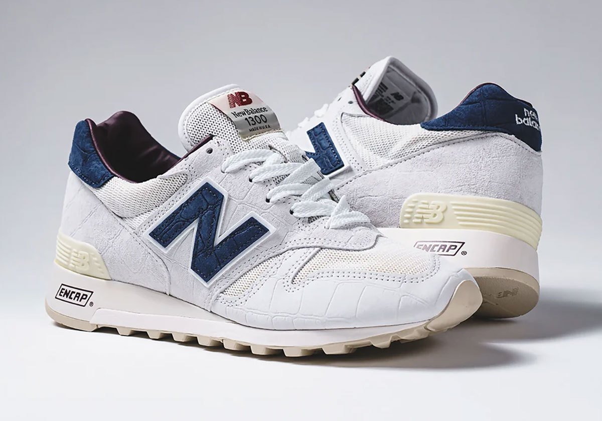 New Balance 1300 'Sea Salt' featuring embossed pigskin overlays with croc-textured details and Blue Oyster accents - detail view 1