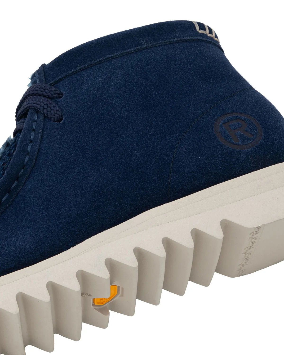 BAPE Manhunt Tabi Toe in navy suede with sashiko-inspired distressing and asymmetrical geometric print details - detail view 3