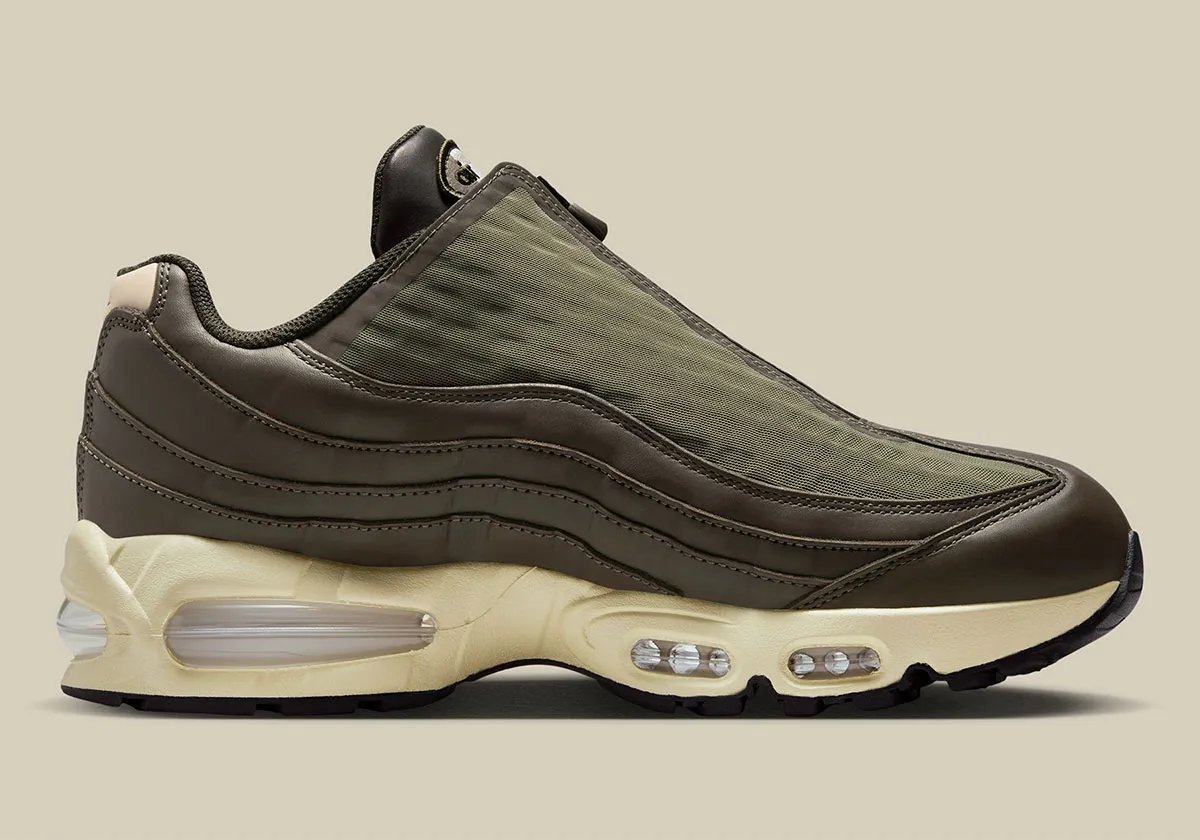 Nike Air Max 95 Zip in Medium Olive, Alabaster, and Velvet Brown with mesh construction and aged sole - detail view 2