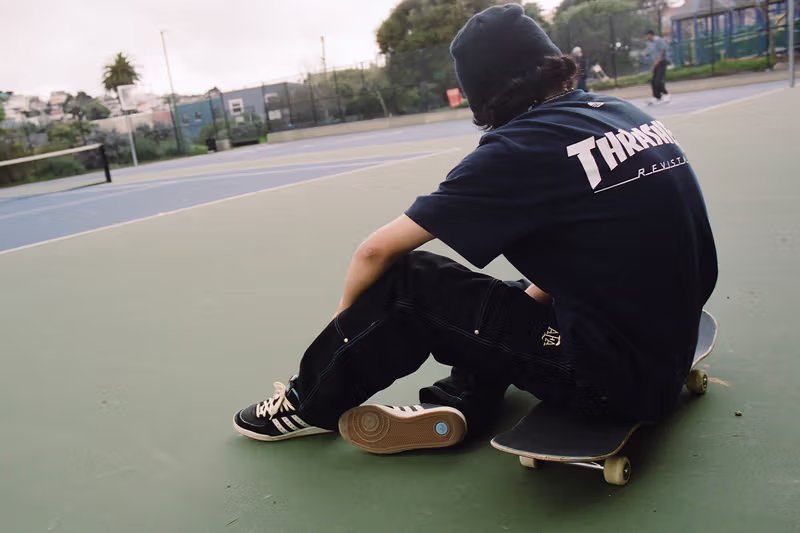 adidas x Thrasher x AFA World Cup capsule featuring diamond-pattern football jersey and Glenburn skate silhouette - detail view 5
