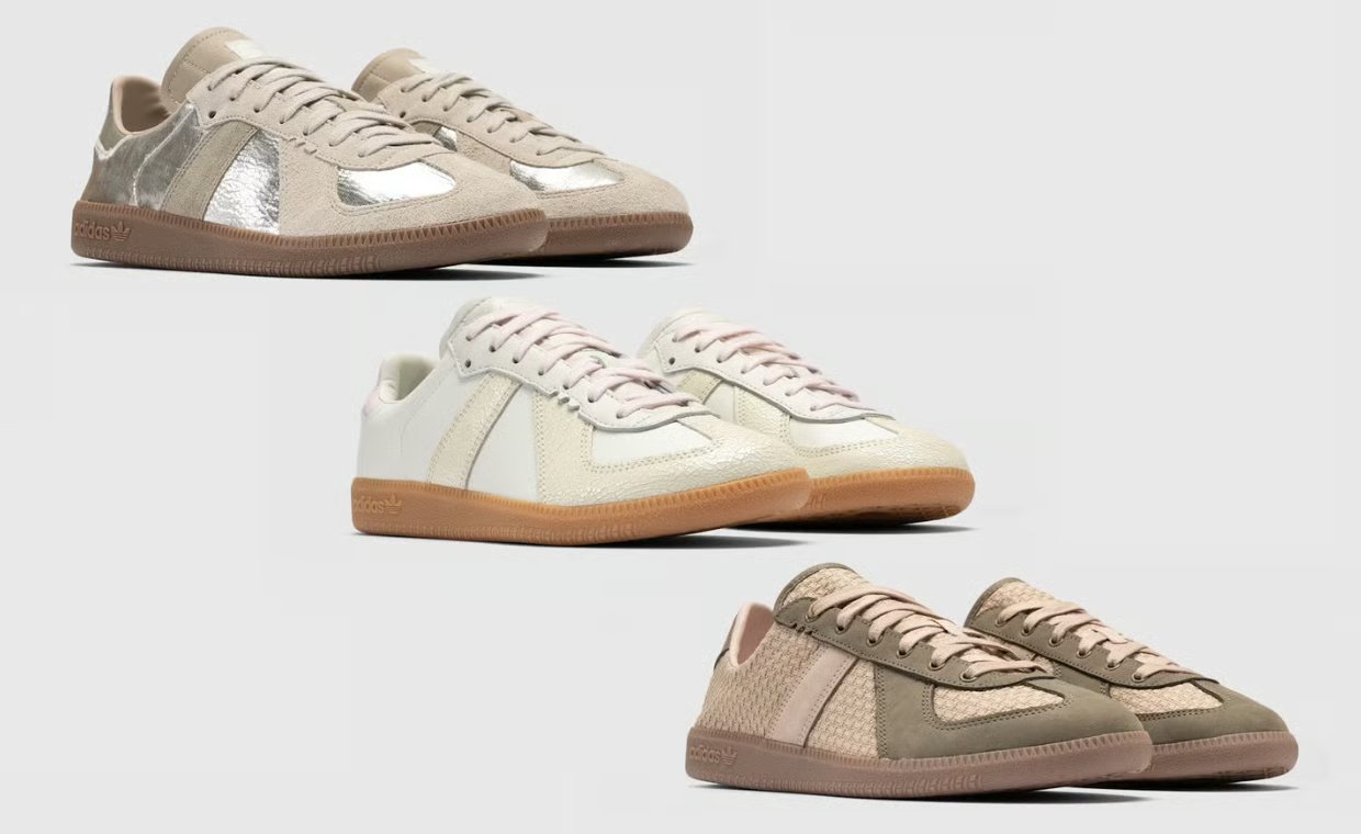 Three adidas BW Army sneakers in earth-tone colorways from The Whitaker Group Do Not Duplicate collaboration: Decon Beige with olive overlays, Off White with cracked leather, and Decon Grey with silver foil detailing