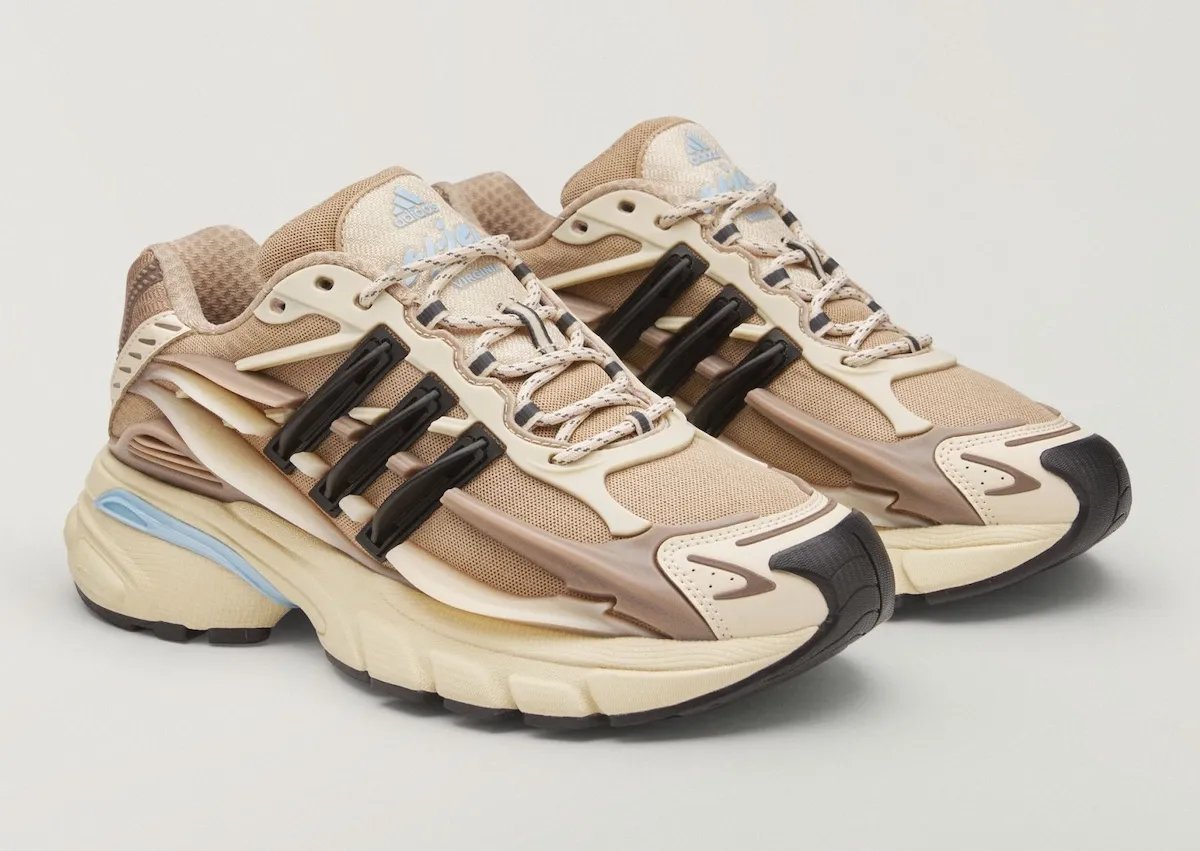 Pharrell x adidas Jellyfish in Crystal Sand colorway, showing beige and light blue upper with oversized silhouette - detail view 2