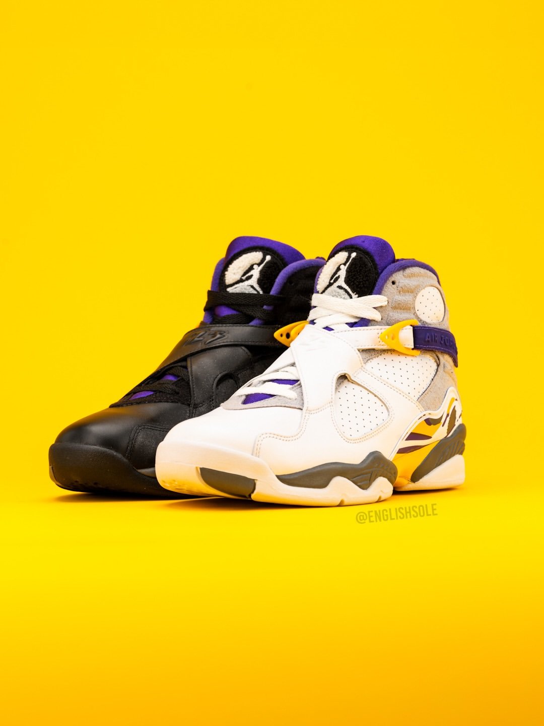 Kobe Bryant's Air Jordan 8 PE in white and black Lakers colorways, shown side by side - detail view 5