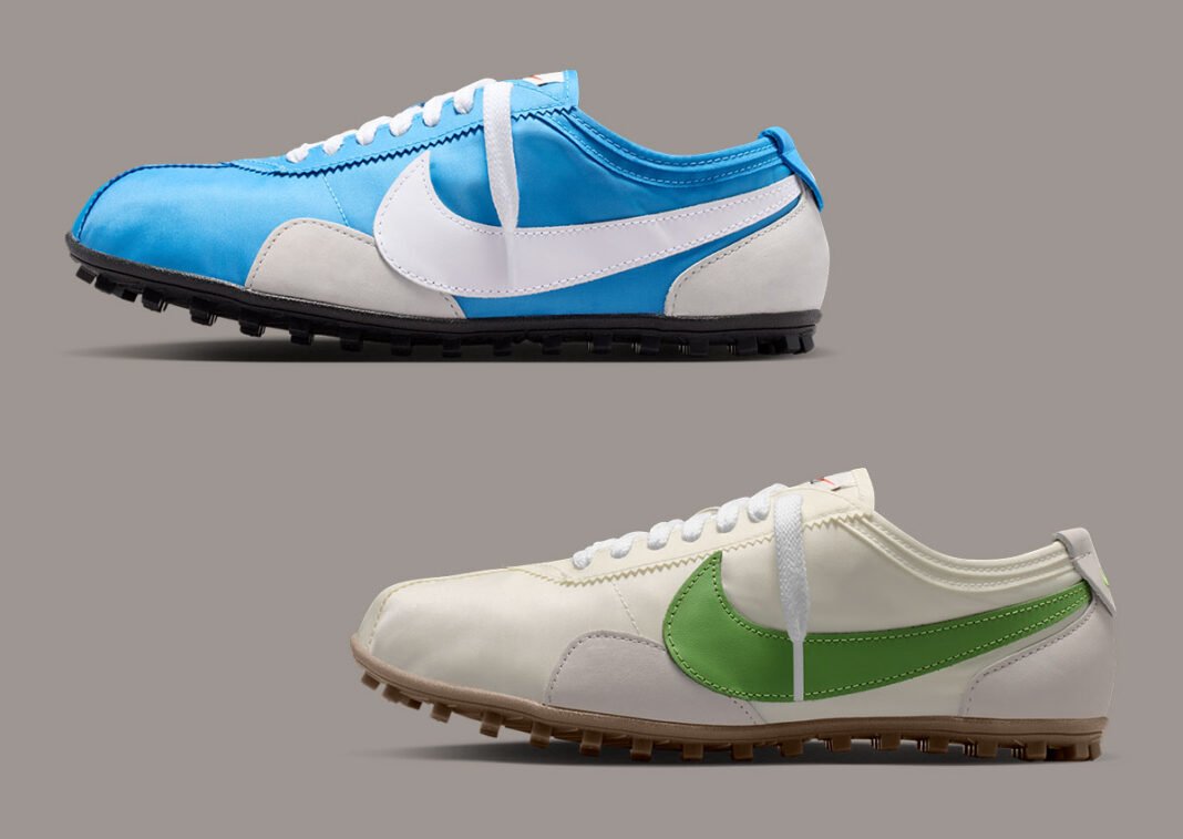 Nike Moon Shoe in Italy Blue colorway with bright blue nylon upper, white leather Swoosh, and light grey suede details - detail view 1