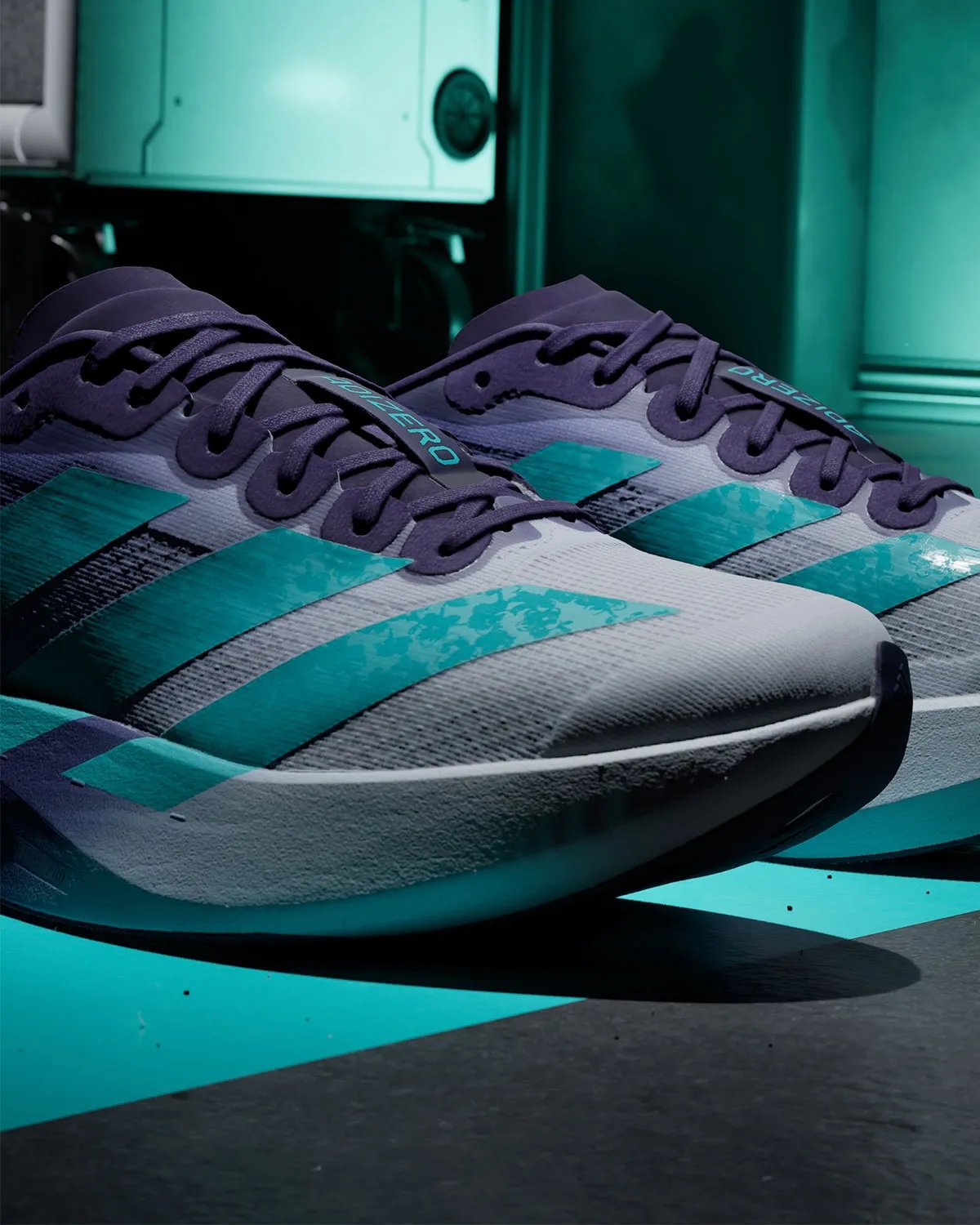 Mercedes AMG Petronas F1 x adidas adiZero EVO SL in Vanda orchid purple gradient with hi-vis teal Three Stripes accents - detail view 5