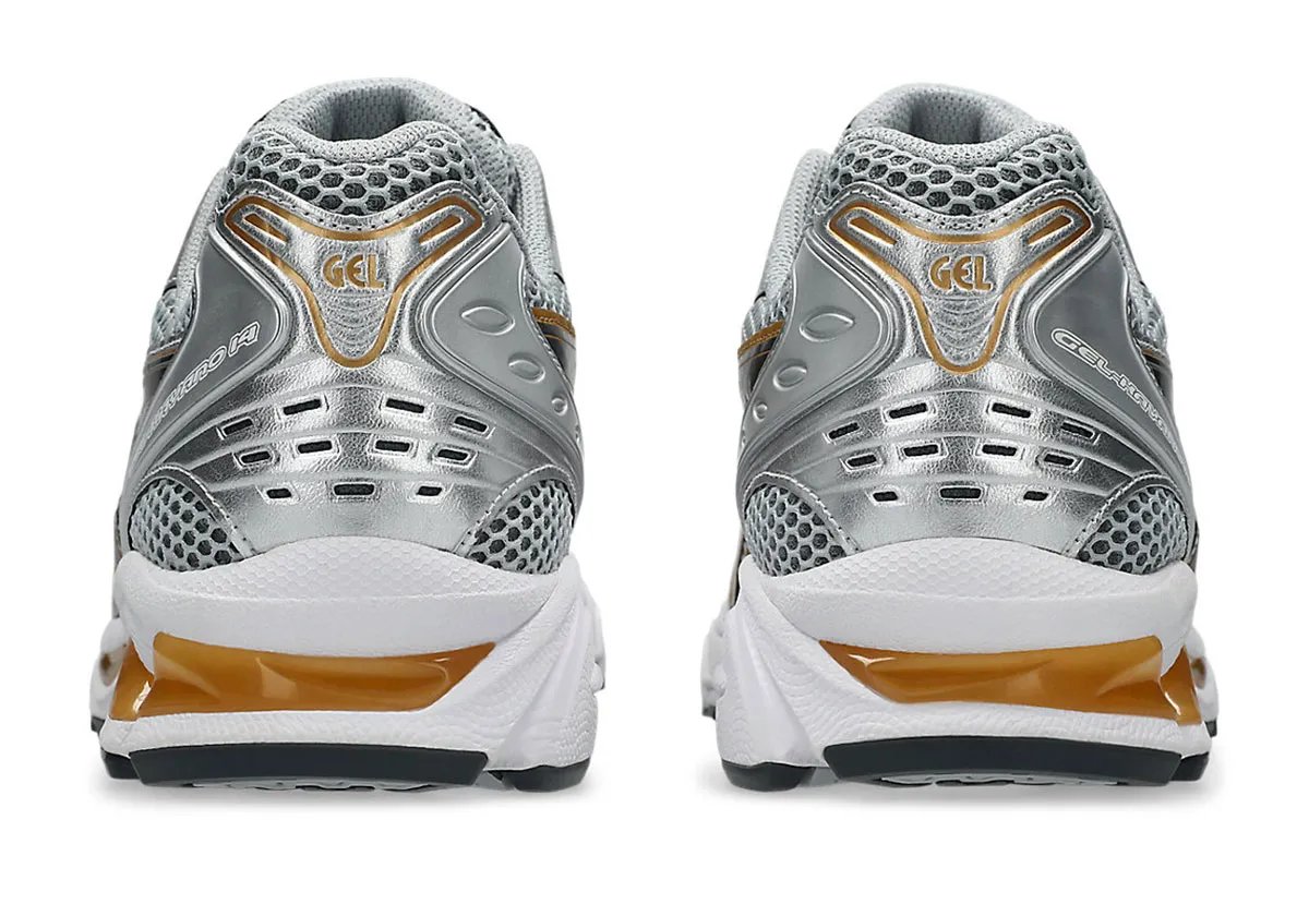 ASICS GEL-Kayano 14 in Silver and Gold colorway with mesh upper and gold GEL pod detailing - detail view 5