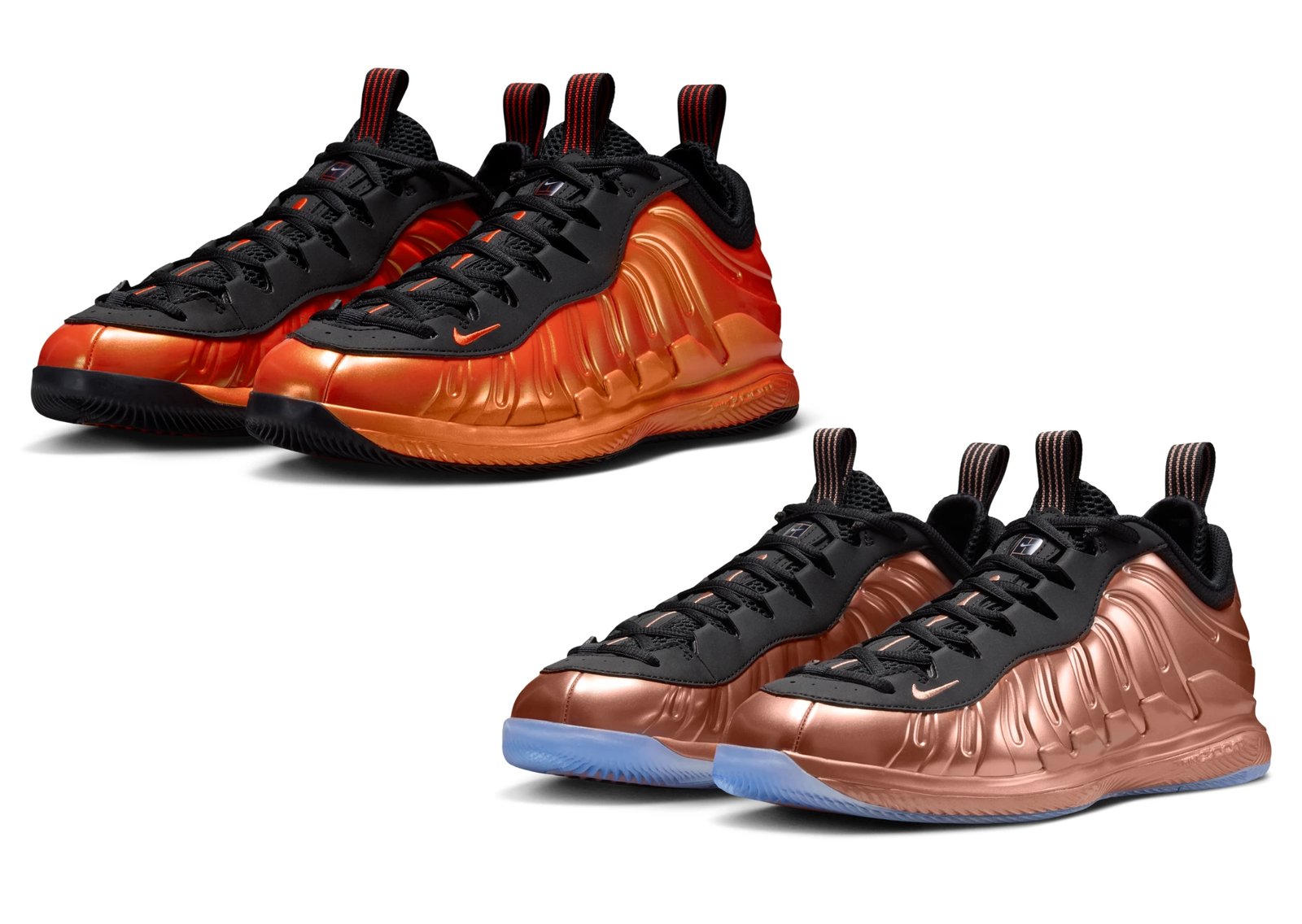Nike Zoom Vapor X Posite in Copper colorway featuring Foamposite-inspired panels and icy blue outsole - detail view 1