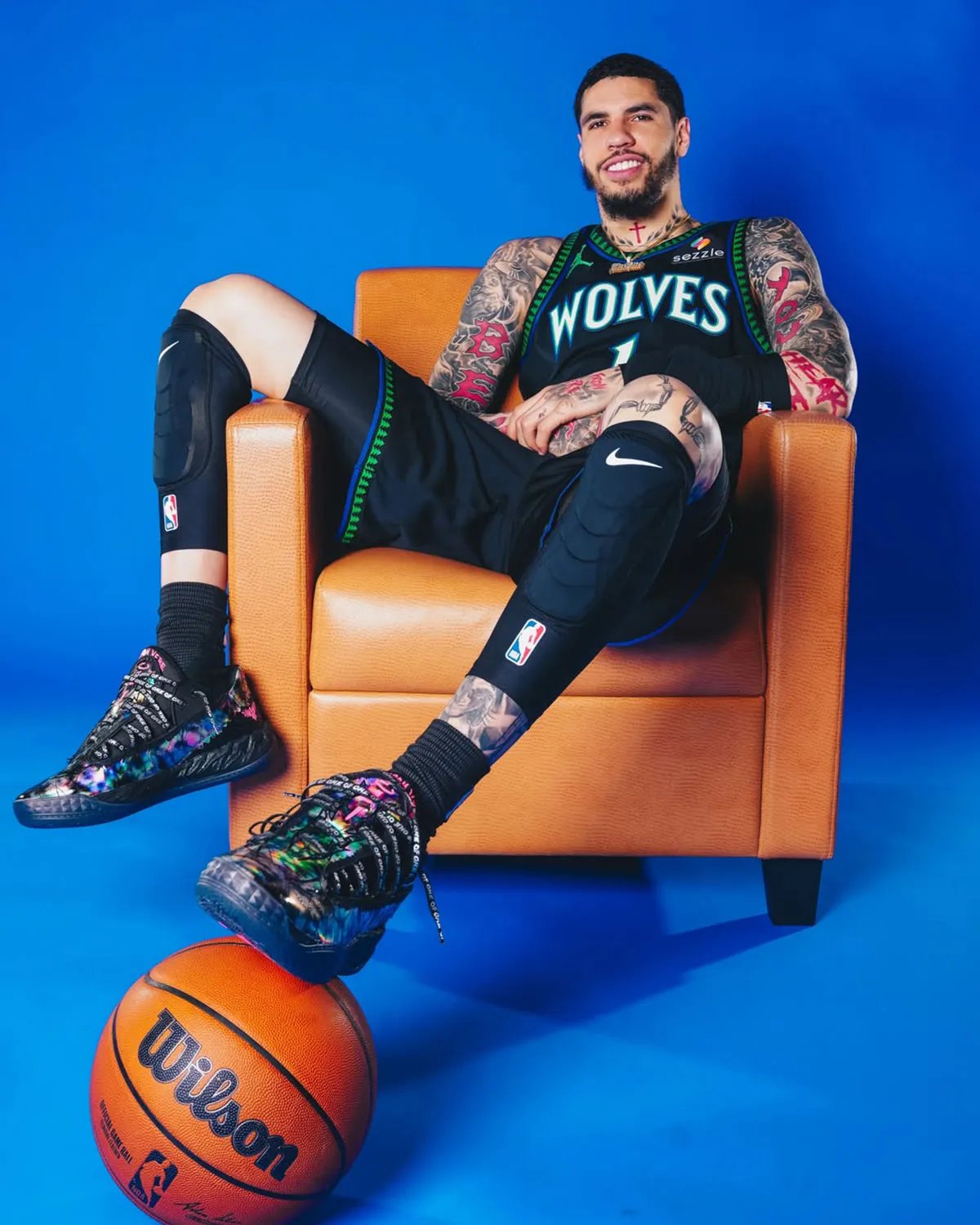 LaMelo Ball wearing the PUMA MB.05 Lo All-Star black colorway during his inaugural Minnesota Timberwolves photoshoot - detail view 2