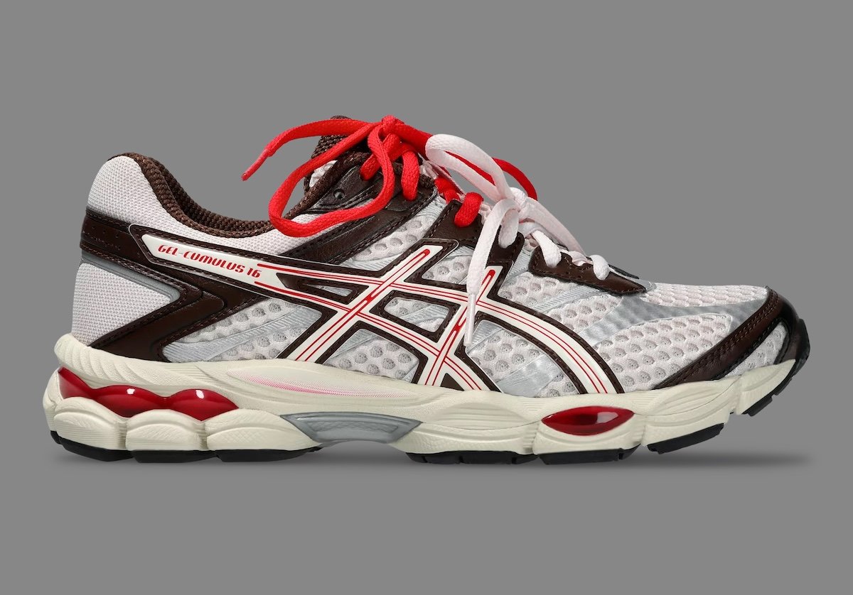 NAKED x ASICS GEL-Cumulus 16 in Scandinavian Sunset colorway showing white mesh upper with brown panels and red accent details - detail view 3