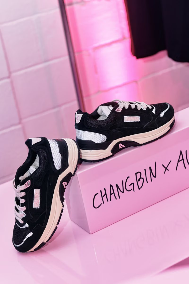 Autry x Changbin capsule collection launch event in Seoul featuring pink-themed venue with reimagined Medalist and Hyperway sneakers displayed on elevated platforms - detail view 2