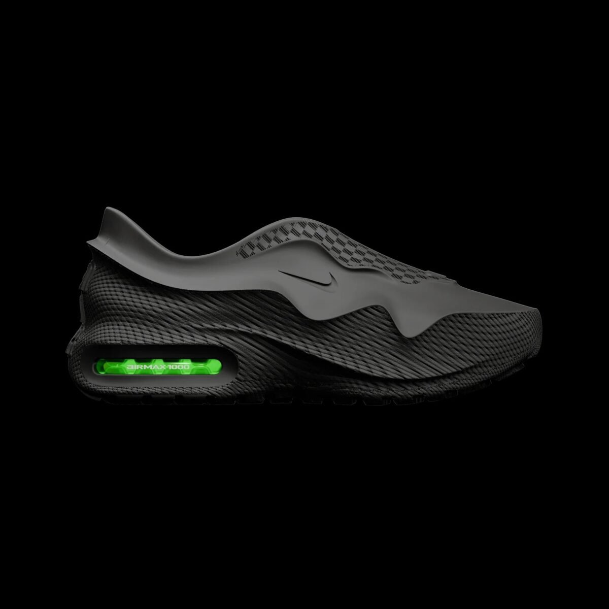 Nike Air Max 1000 in Black with Volt accents, side profile view showing updated Air Max 1 silhouette - detail view 2