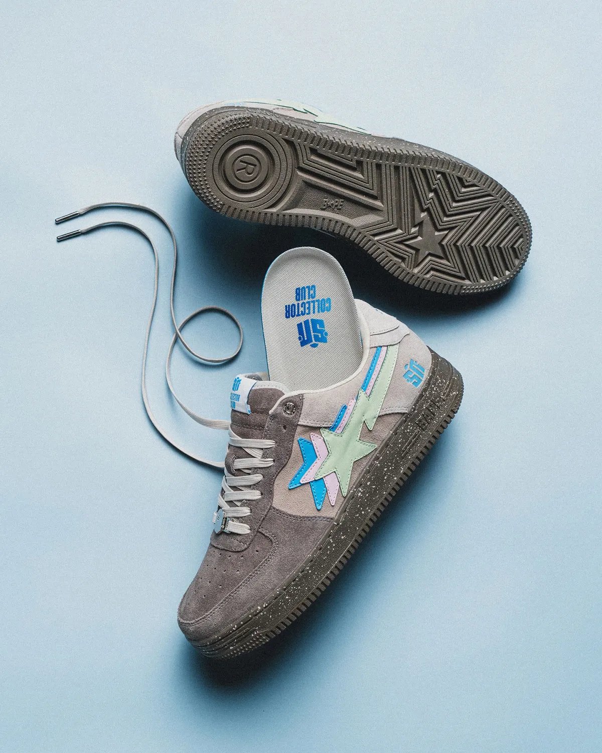 Sneaker News x A Bathing Ape Bape Sta collaboration in white Day and grey Night colorways featuring triple-stacked logos - detail view 4