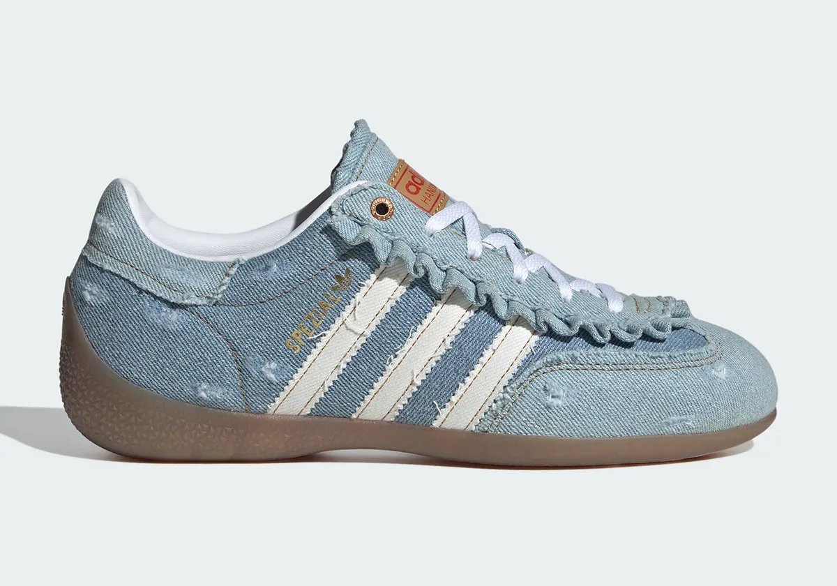 atmos Pink x adidas Handball Spezial LT with distressed denim treatment and frayed edges - detail view 2