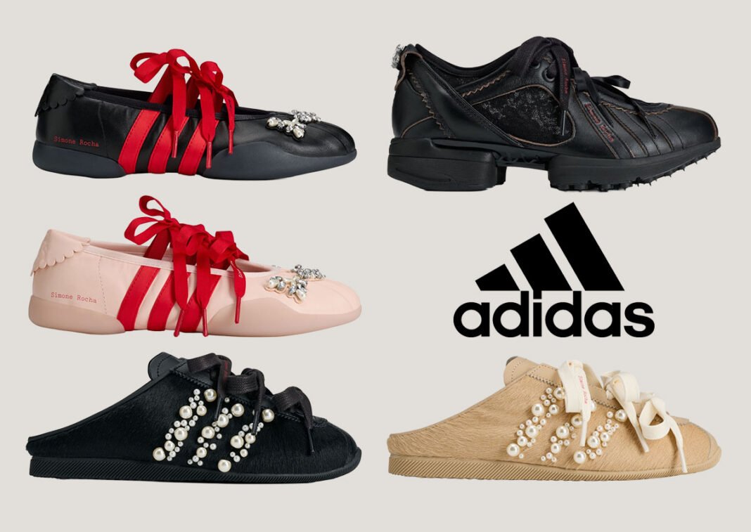 Simone Rocha x adidas Originals collection featuring reimagined Japan, Taekwondo Ballerina, and Climacool silhouettes with pearls, ribbons, and jeweled details