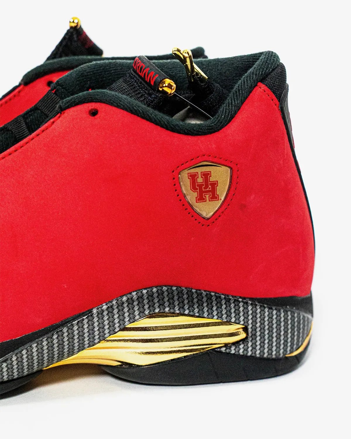 Air Jordan 14 Houston Cougars PE in university red suede with grey carbon fiber midsole details - detail view 3