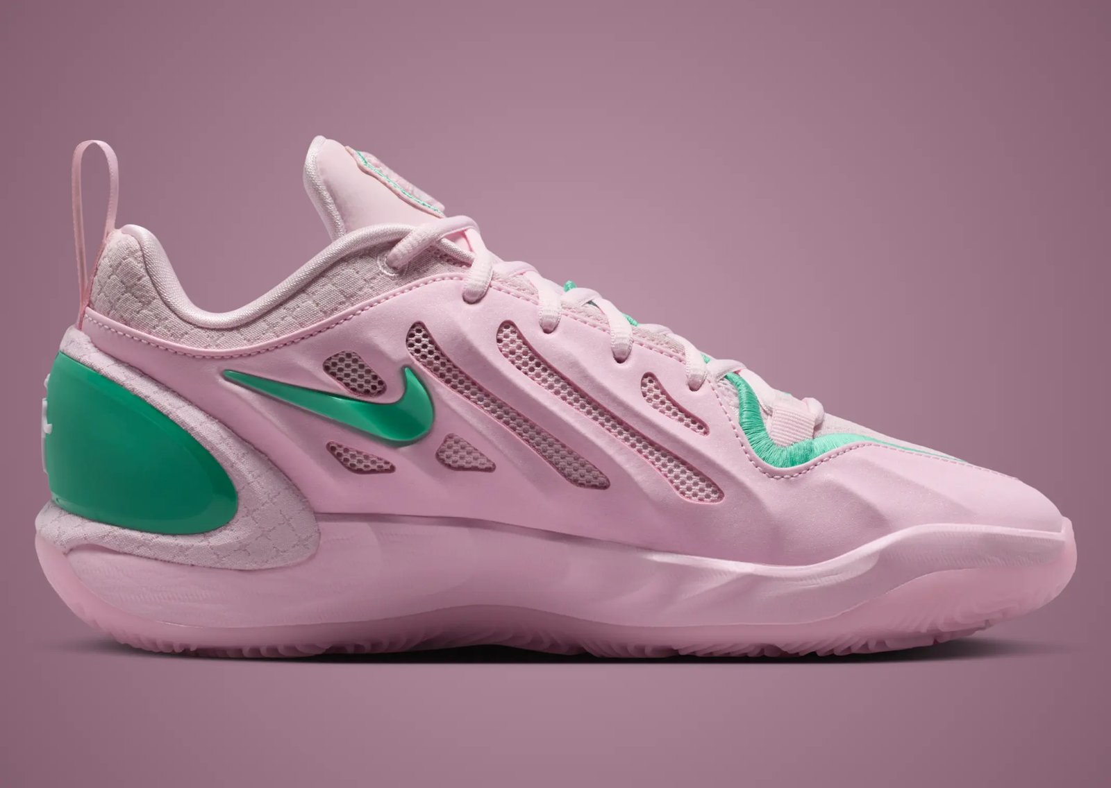 Nike A'Two Pinkies Up in pink and green Alpha Kappa Alpha colors, shown from side angle with embroidered toebox border and green Swoosh detail - detail view 3