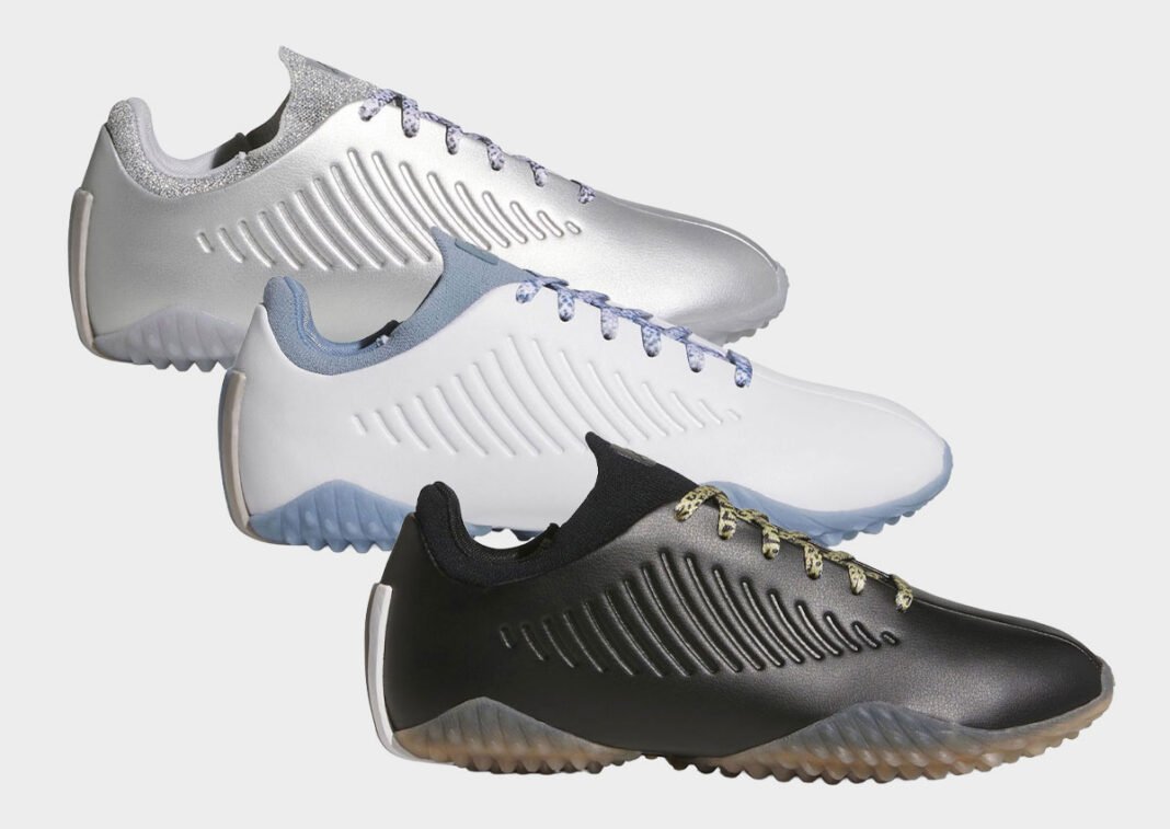 Women's adidas Ballerina Spikeless Golf Shoe in Silver Metallic, showcasing the slim silhouette and low-profile design adapted for golf performance. - detail view 1
