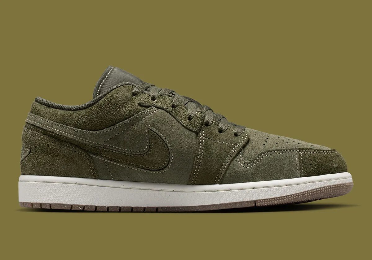 Air Jordan 1 Low SE in Cargo Khaki featuring mixed-material patchwork construction from Jordan Brand's Craft series - detail view 3