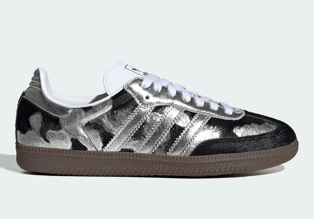 adidas Samba in Cloud White/Silver featuring metallic accents and black and white fur patches on the upper - detail view 1