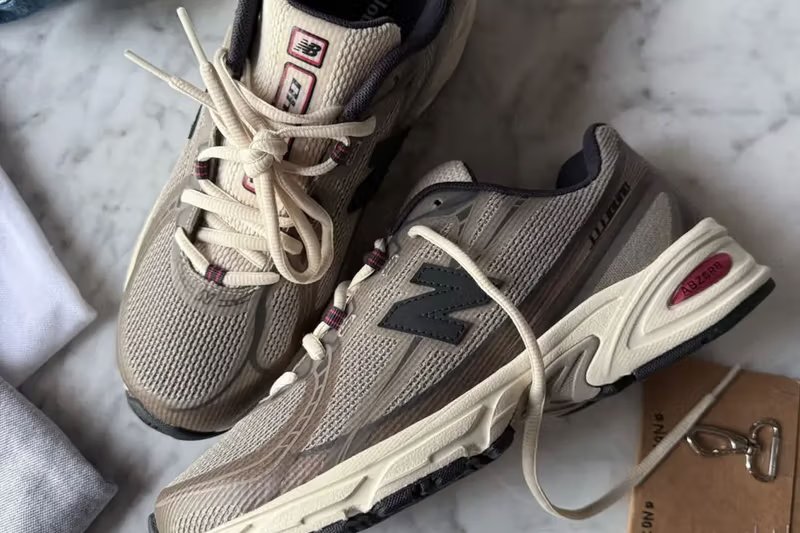 JJJJound x New Balance 740 Taupe sneaker, showing the minimalist Taupe colorway on the retro 2000s running silhouette - detail view 2