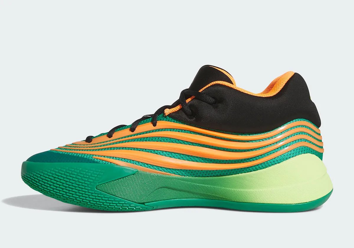 adidas Dame X "Meet the Moment" in black synthetic with orange trim and viridescent gradient sole, worn by Damian Lillard - detail view 2