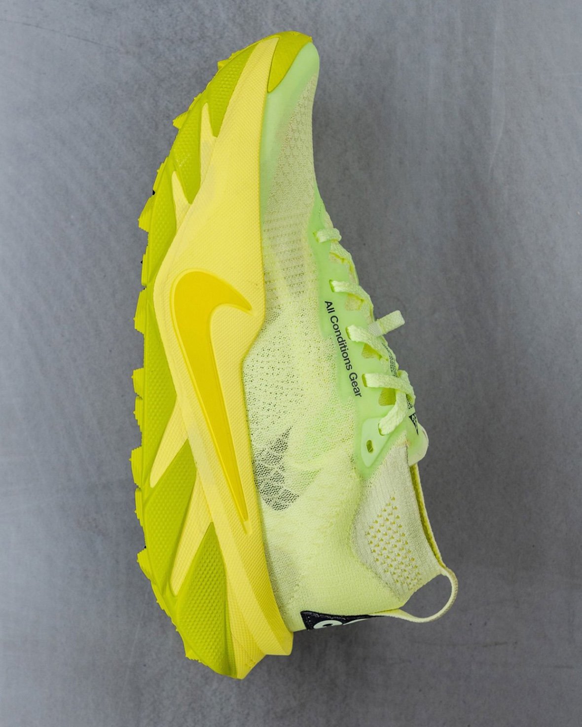 Nike ACG Picklejus trail running shoe in acid green colorway with dual-foam ZoomX midsole and GOATEK outsole, engineered for 100-mile mountain races - detail view 3