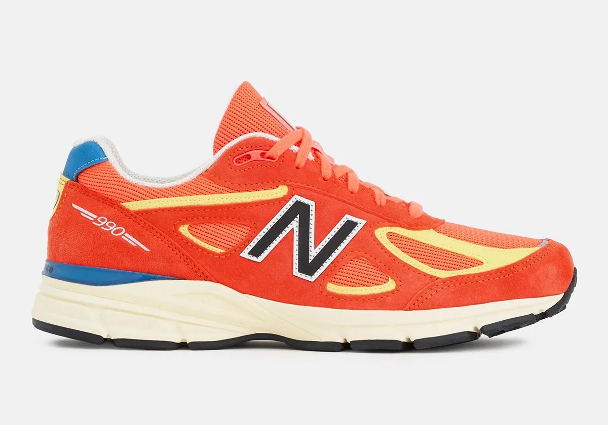 New Balance 990v4 in Urgent Red and Maize colorway, Bart Simpson-inspired design with suede overlays and mesh base - detail view 1
