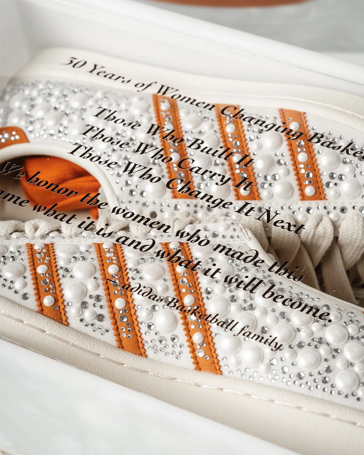 adidas Superstar in white and orange with pearlized bedazzled detailing, released for WNBA 30th anniversary - detail view 4
