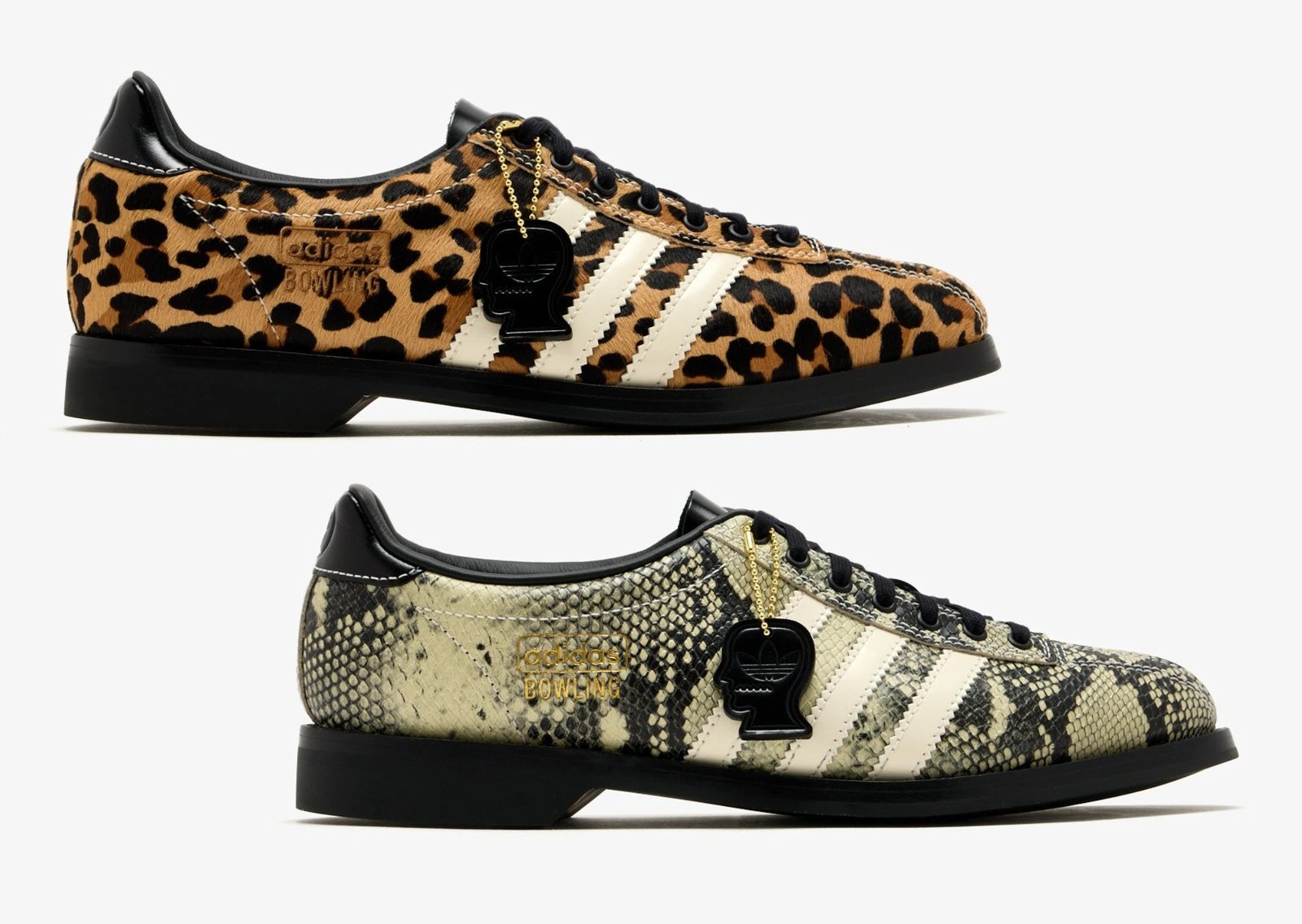 Brain Dead x adidas Samba Bowling Pack featuring Snakeskin and Cheetah colorways with animal print side panels and black leather toe box - detail view 1
